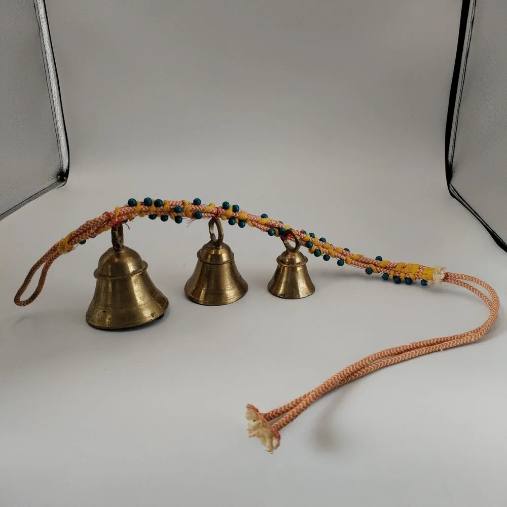 Vintage India Brass Bells on Rope String of 3 Beaded Door Hanger Boho Chime Vtg